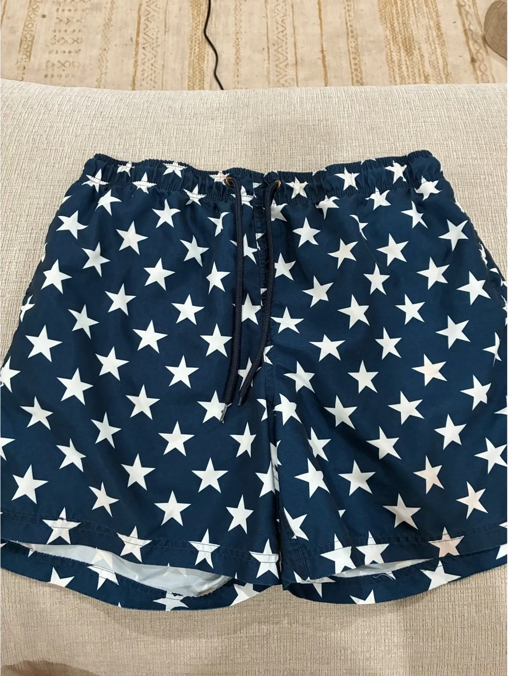 Men's Navy Blue Swim Shorts with White Star Print and Striped Back Pocket